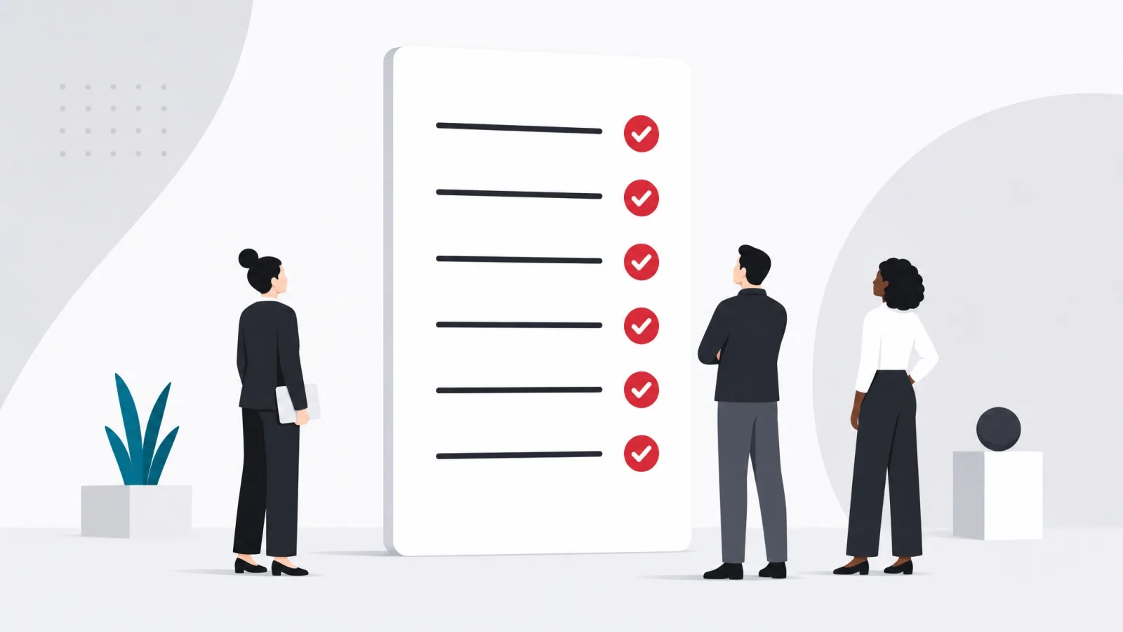 Three figures from different roles all looking at one monolithic checklist board with six checked lines