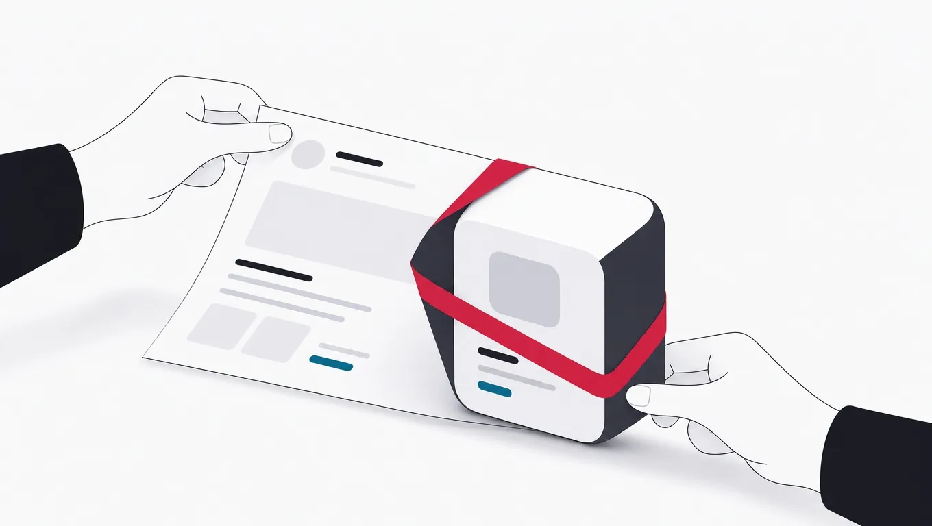 A web page being folded by hand into a solid app icon cube with a red ribbon
