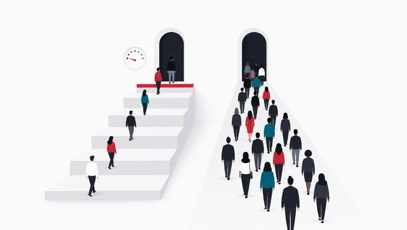 A crowd thinning on each of five steps to a door beside a level path where the crowd flows through freely