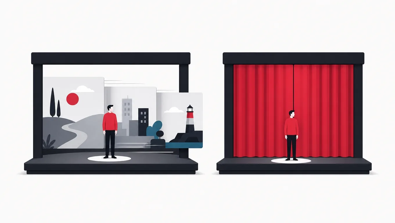 One stage changing scenery around a stationary actor beside one closing its curtain for every scene
