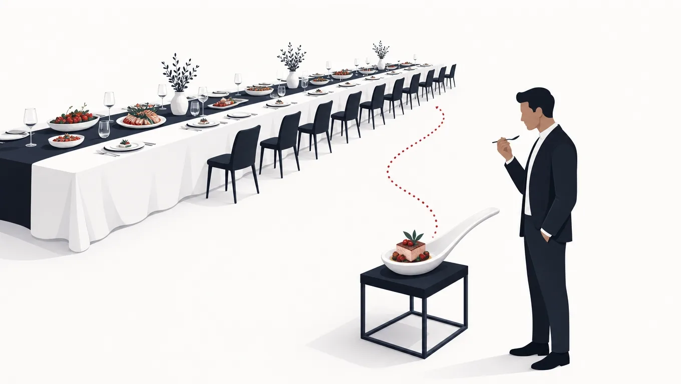 A single tasting spoon offering one bite of the banquet visible behind it, a red path connecting them