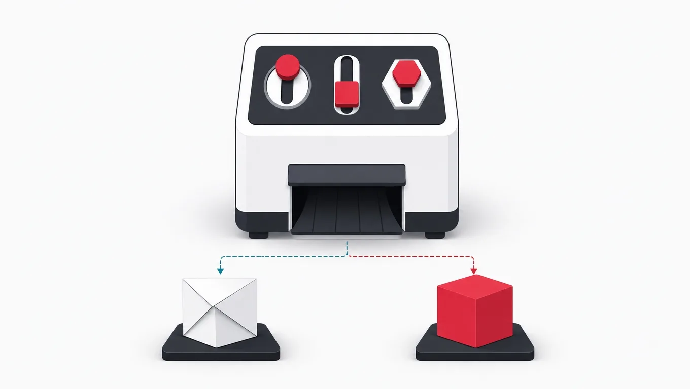 A machine with three glyph toggles releasing either a folded web cube or a solid native cube