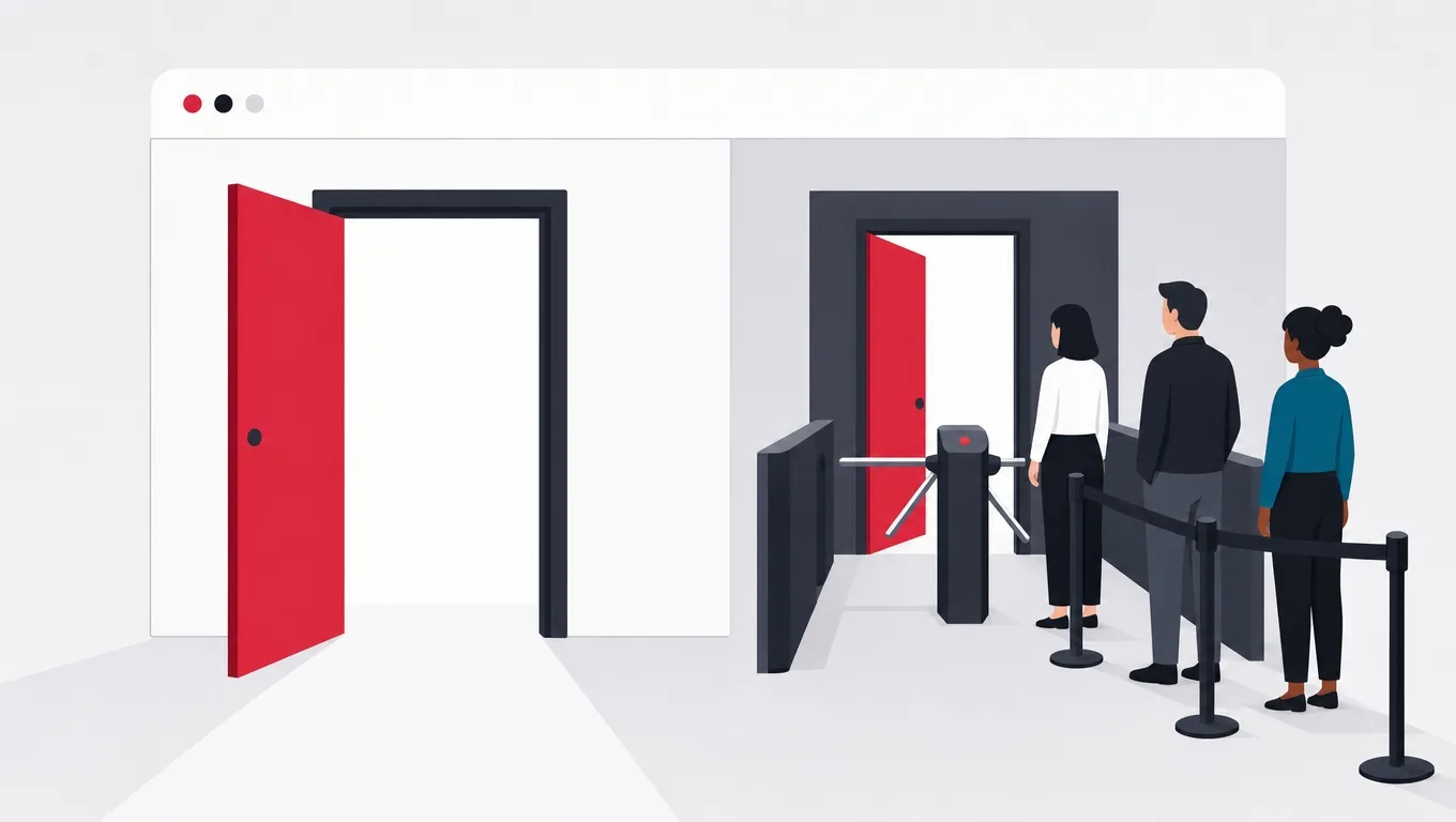 Two doors into one room, one direct from a browser frame, one through a store lobby with a queue