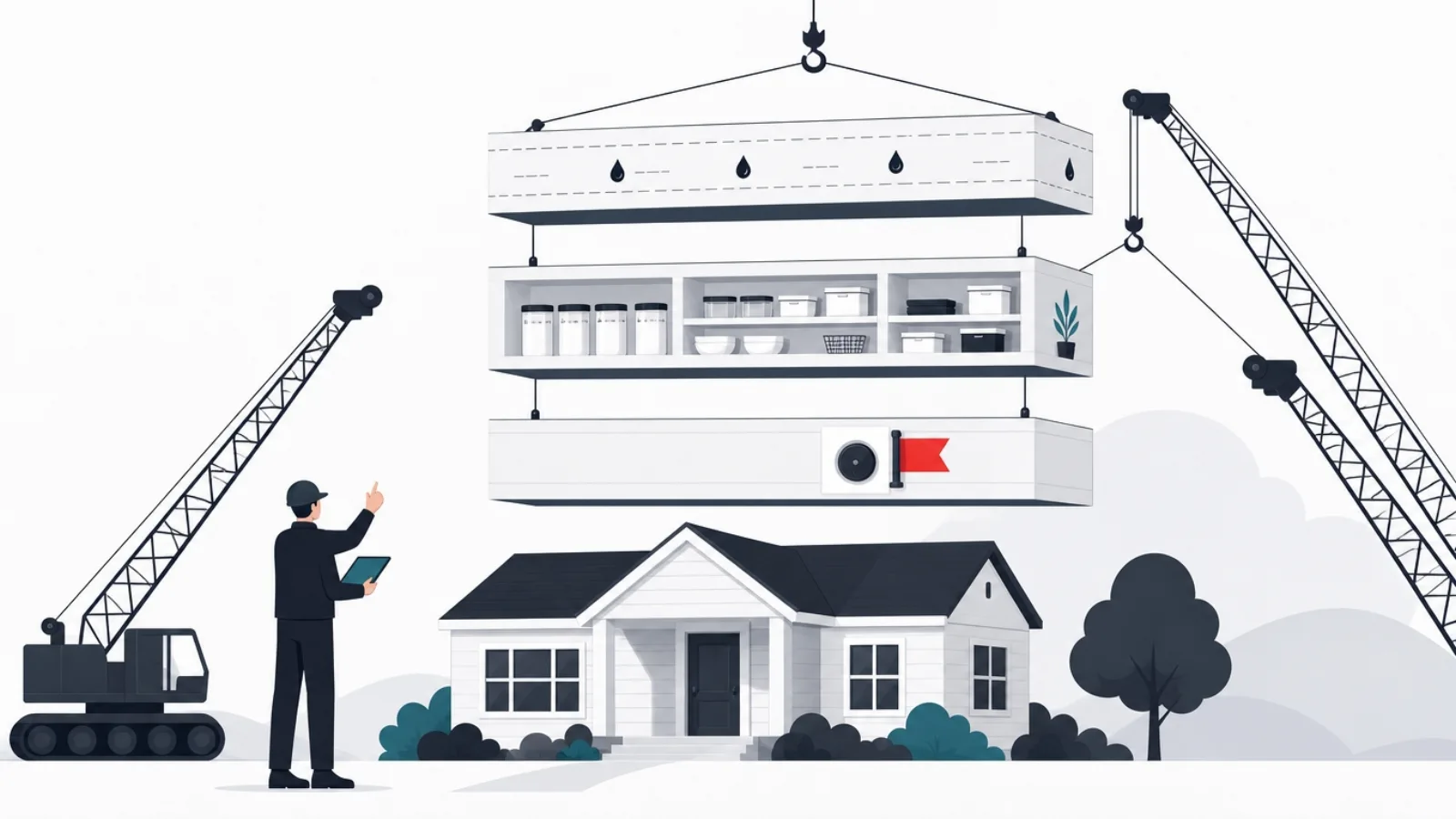 Cranes lowering three layers onto an intact house, a weatherproof wrap, a stocked pantry layer and a doorbell layer