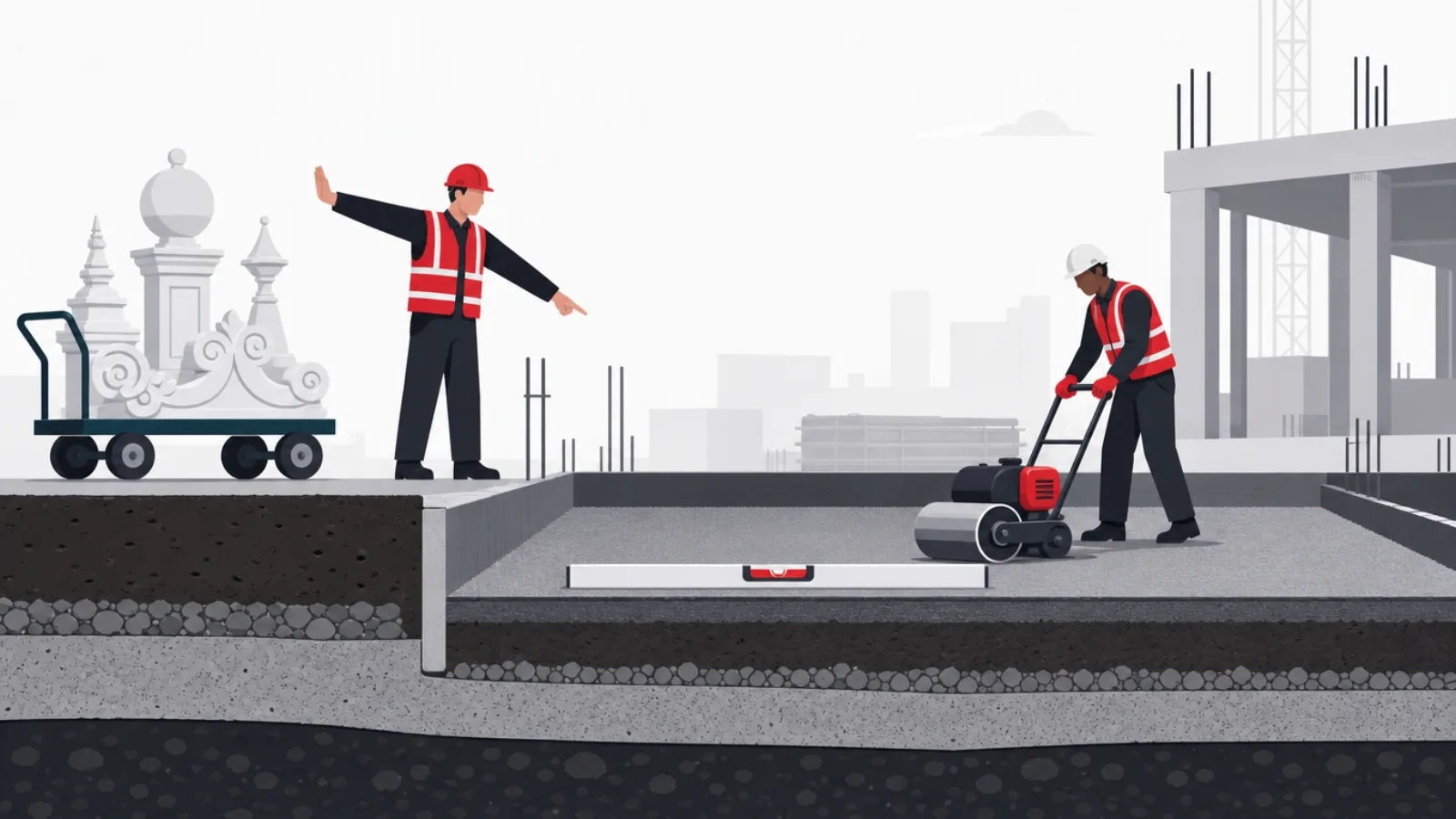 A figure waving away a cart of rooftop ornaments while a worker compacts a deep foundation slab shown in cutaway