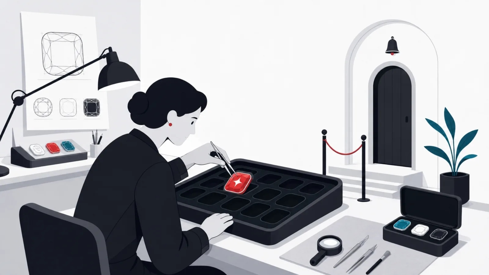 A figure at a jeweler's bench setting an app icon like a gem into a velvet phone-grid tray beside a polite doorway