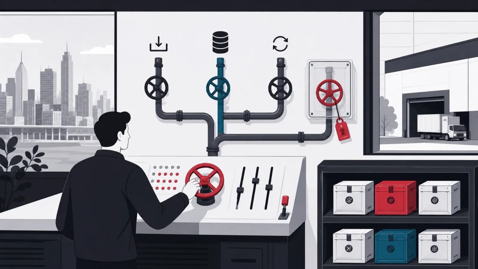 A figure at a valve switchboard routing deliveries between city and building, one valve locked under a red safety seal