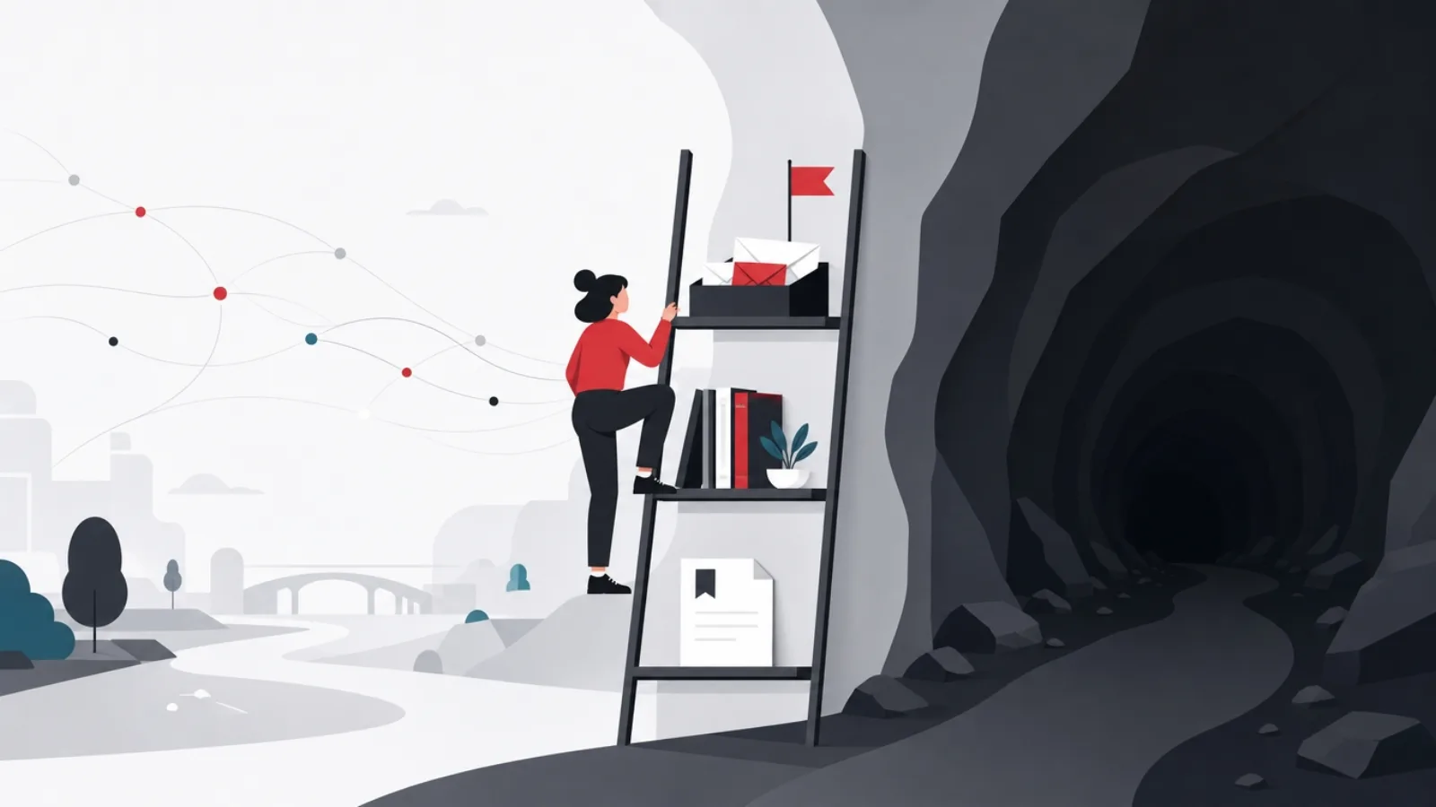 A figure climbing a ladder of offline capabilities from a saved page to a stocked shelf to a self-sending outbox tray