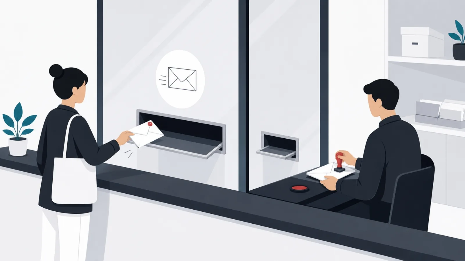 A postal counter split by glass, one generous mail slot and one narrower slot requiring an extra stamped seal