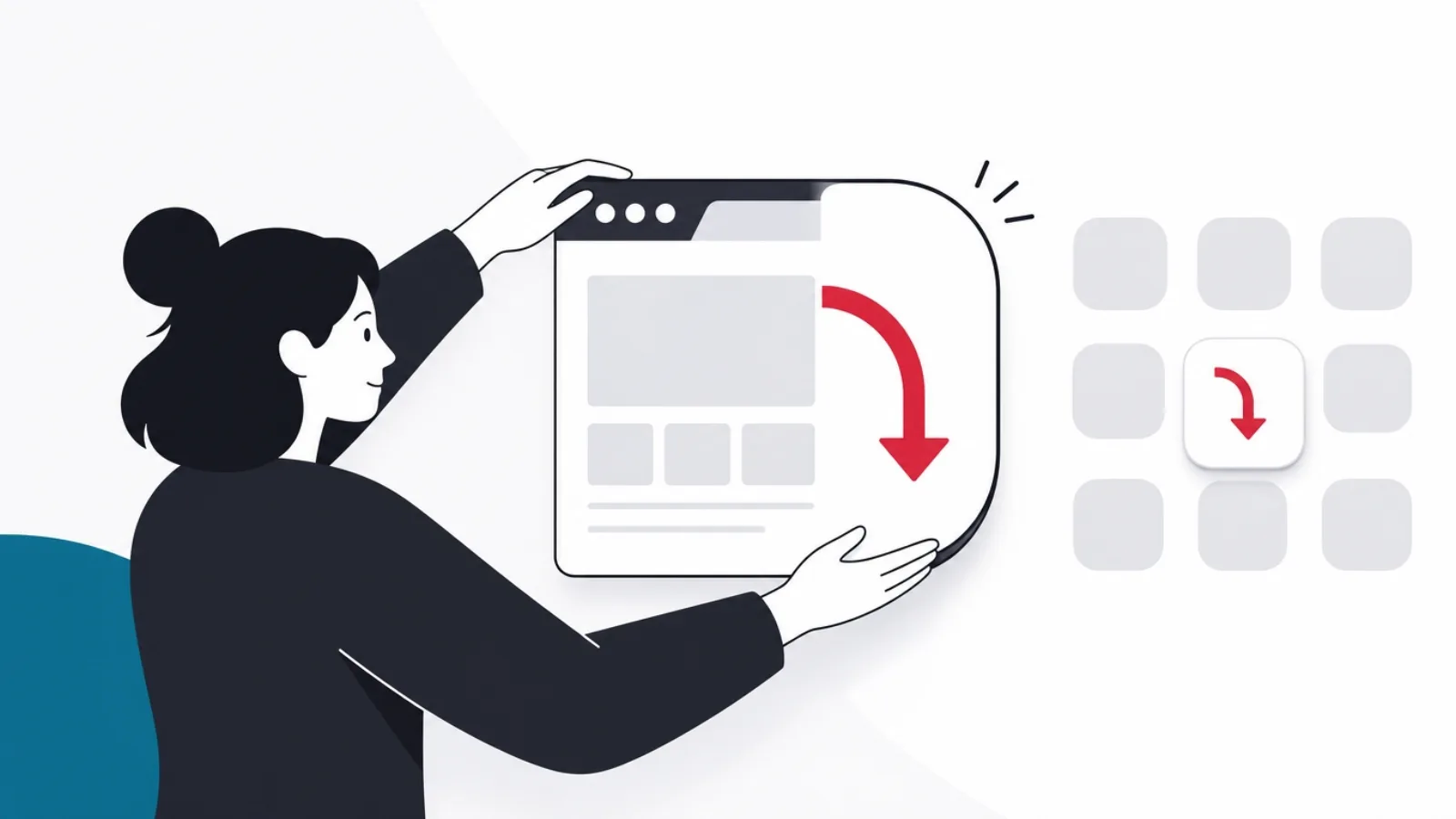 A browser window morphing into a phone app icon that docks into a home-screen grid, guided by a figure's hands