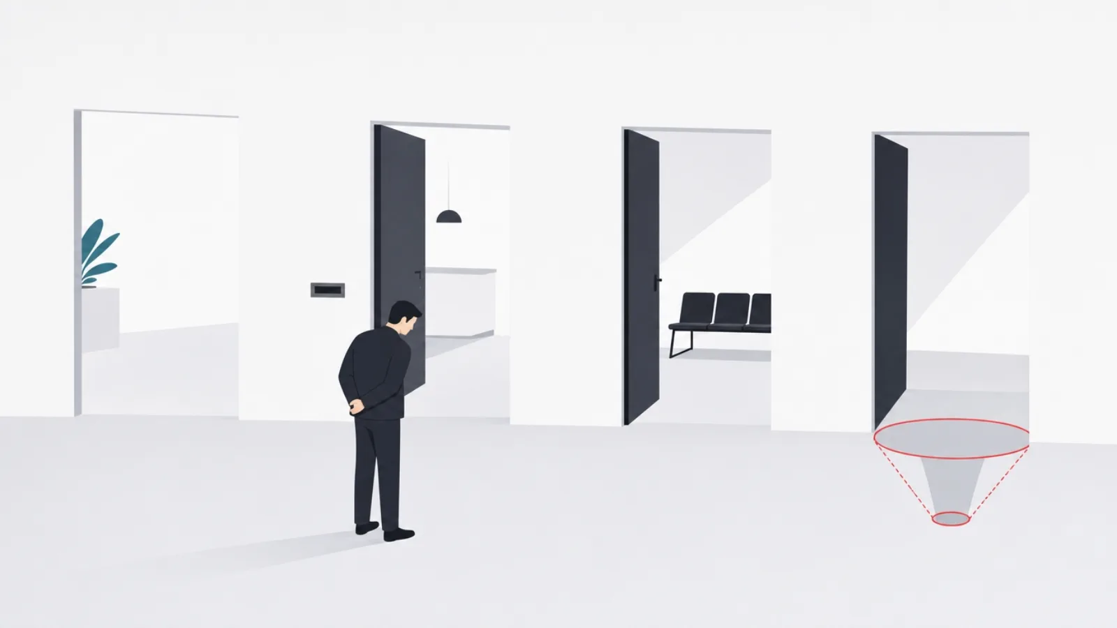A figure inspecting four doorways whose floors reveal different kinds of free, one hiding a coin funnel