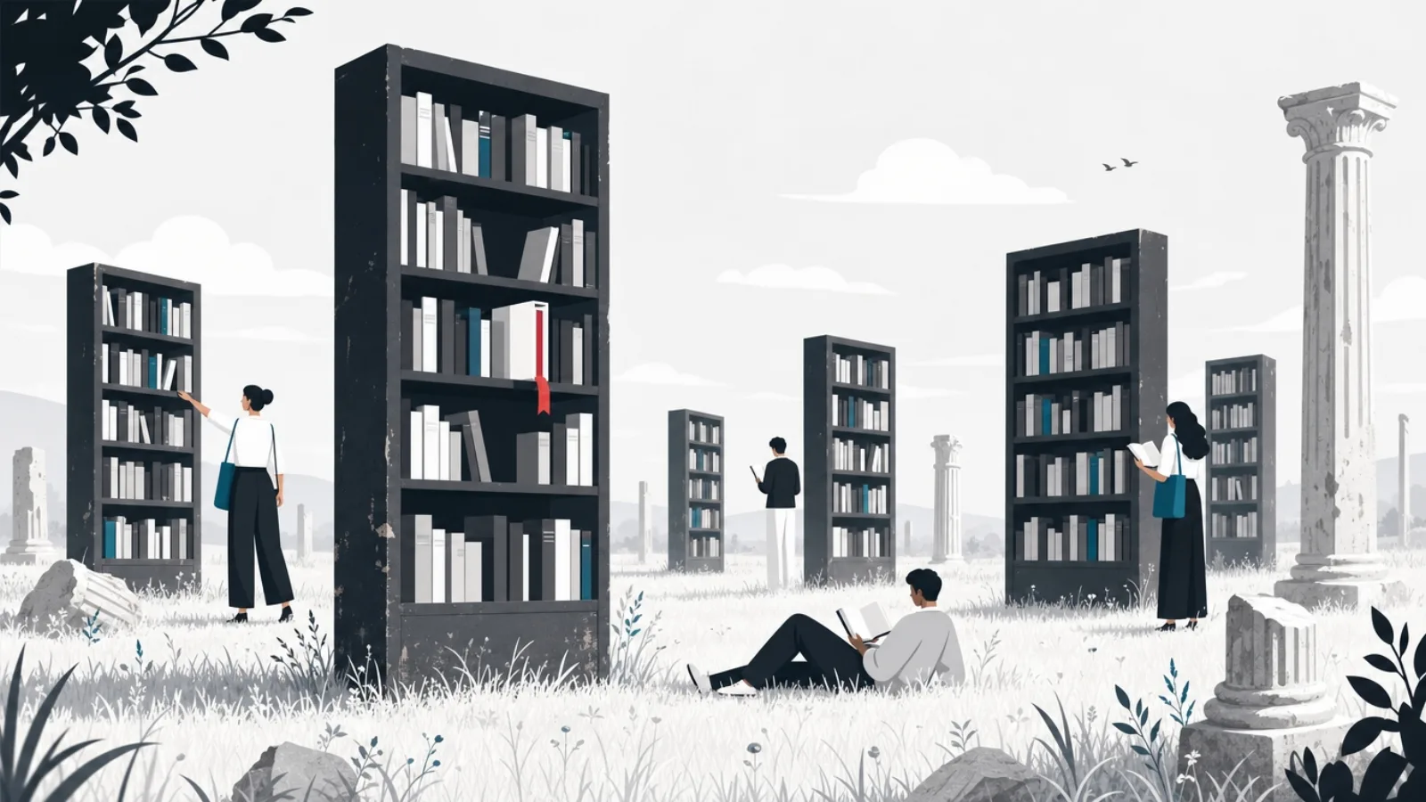 Figures freely browsing tall wall-less bookshelves standing in an open meadow, one reading in the grass