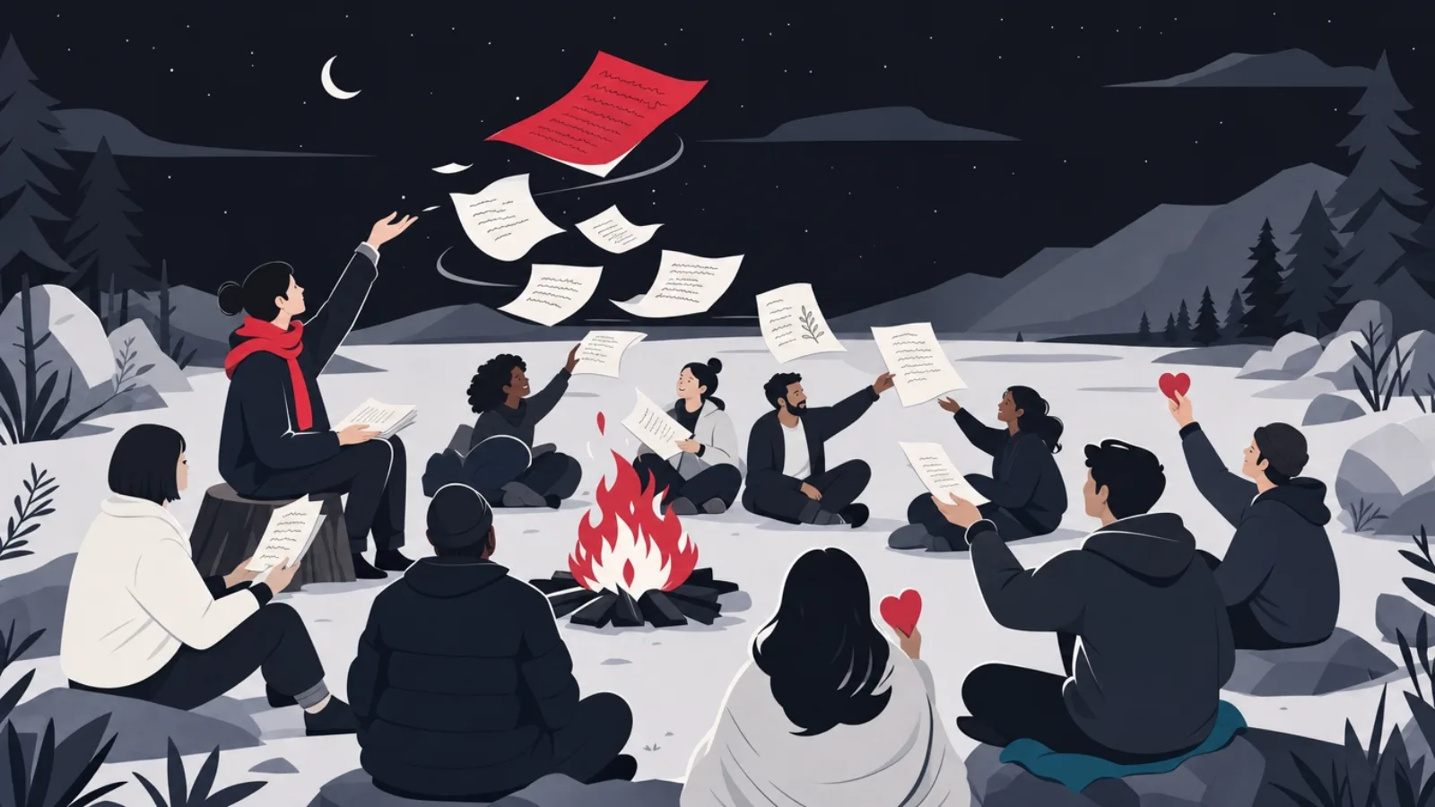 A storyteller releasing handwritten pages over a campfire to an eager crowd passing them along