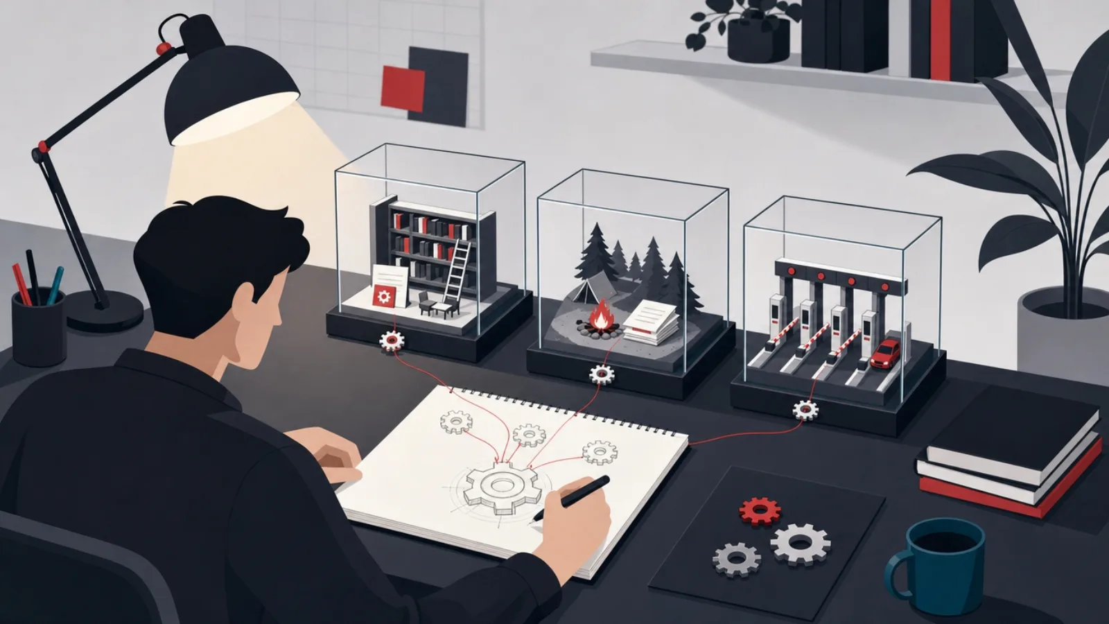 A builder studying three glass cases of miniature reading business models, threads pulling one gear from each
