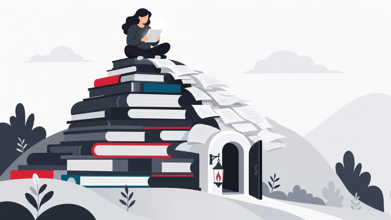 A reader seated on a hill of stacked books with pages streaming down into a lantern-lit public doorway