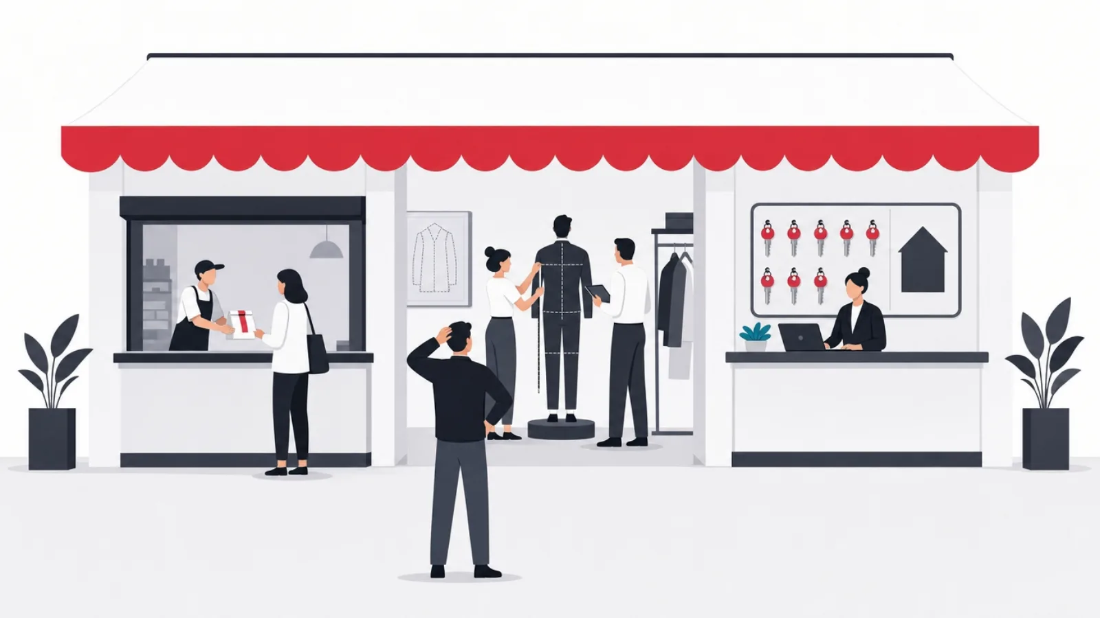 One shop awning covering three counters, a vending window, a tailor's fitting room and a key-lease counter, one customer facing them