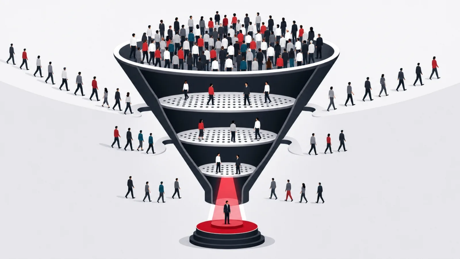 A crowd entering a funnel of sieve plates with one polished figure emerging at the bottom onto a lit presentation stand