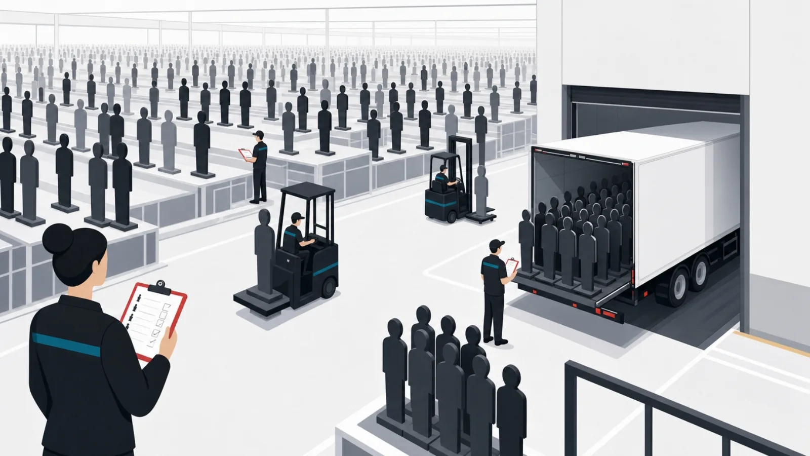 A vast warehouse of figure silhouettes in aisles with carts retrieving specific ones against clipboards toward a waiting truck