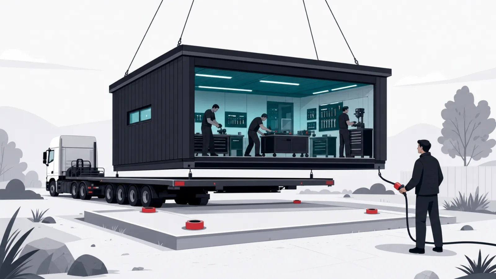 A fully staffed workshop building arriving on a flatbed onto a prepared foundation, the client holding its connecting cable