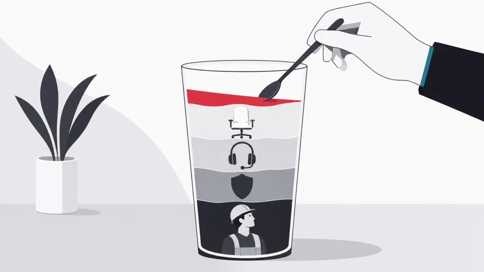 A cutaway glass of layered sediment showing a worker base layer topped by shield, headset, chair and margin layers, a spoon poised above