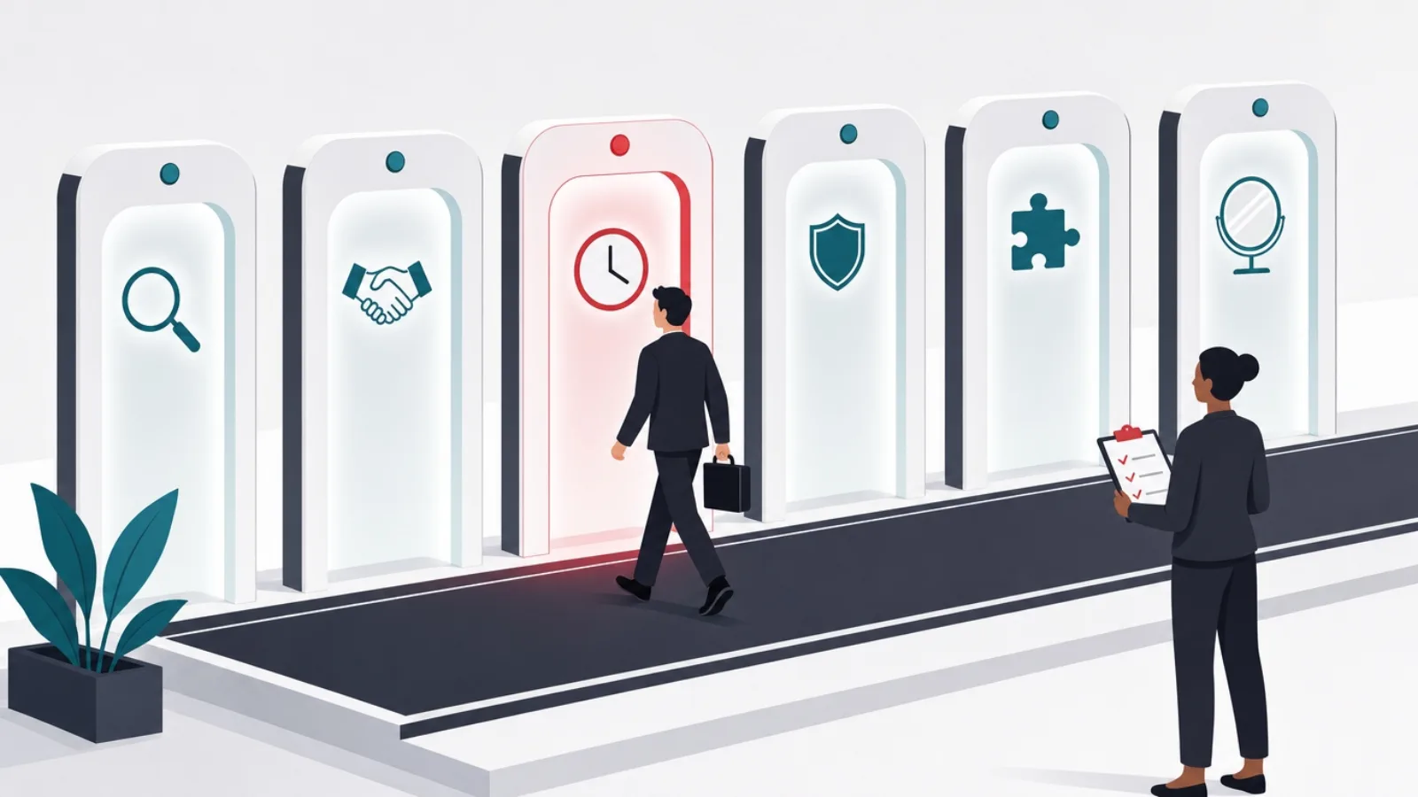A briefcase-carrying figure walking through six archway detectors bearing a magnifier, handshake, clock, shield, puzzle piece and mirror
