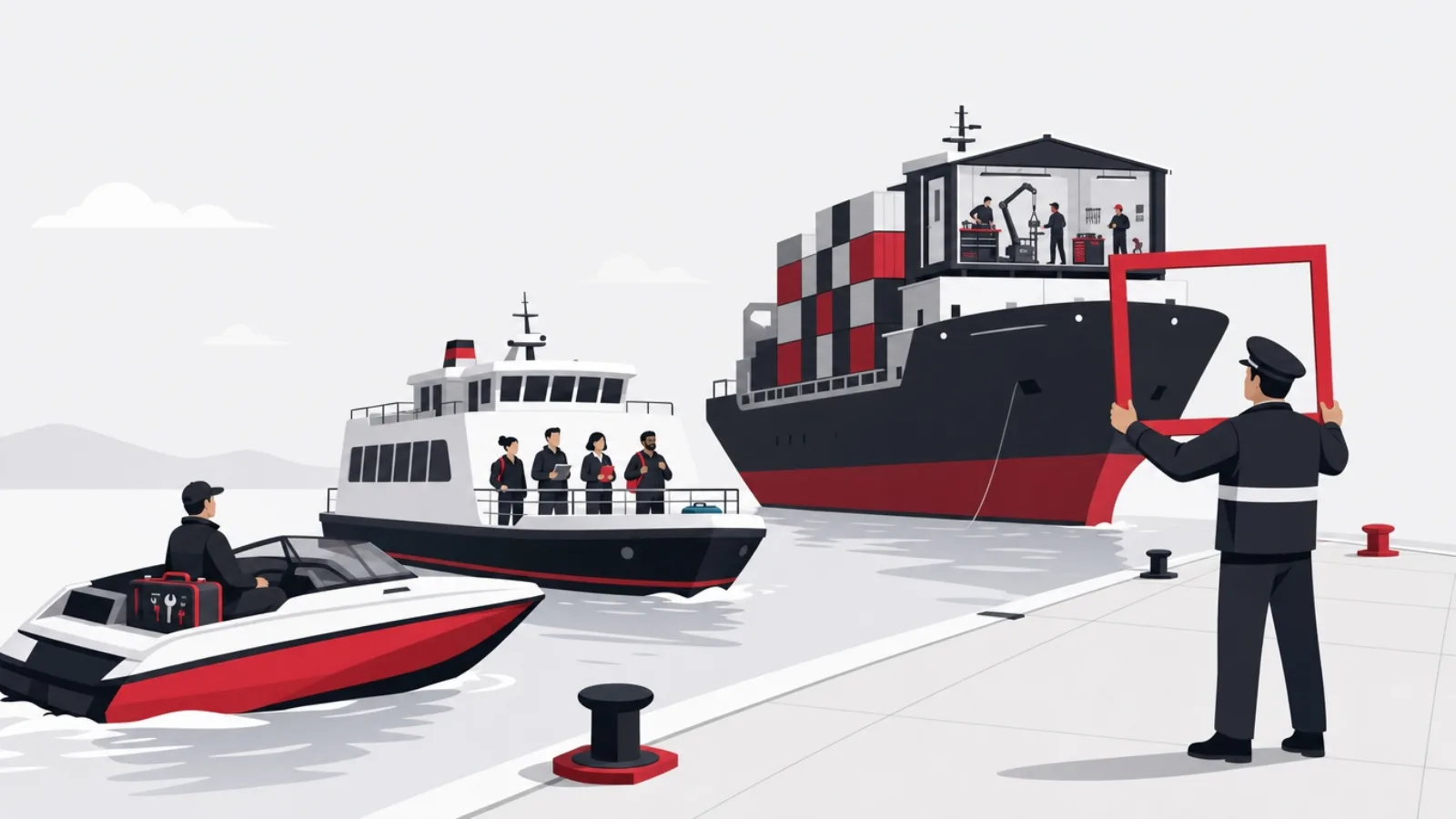 Three vessels at one pier, a speedboat with one expert, a ferry with a small team, and a container ship carrying a whole workshop