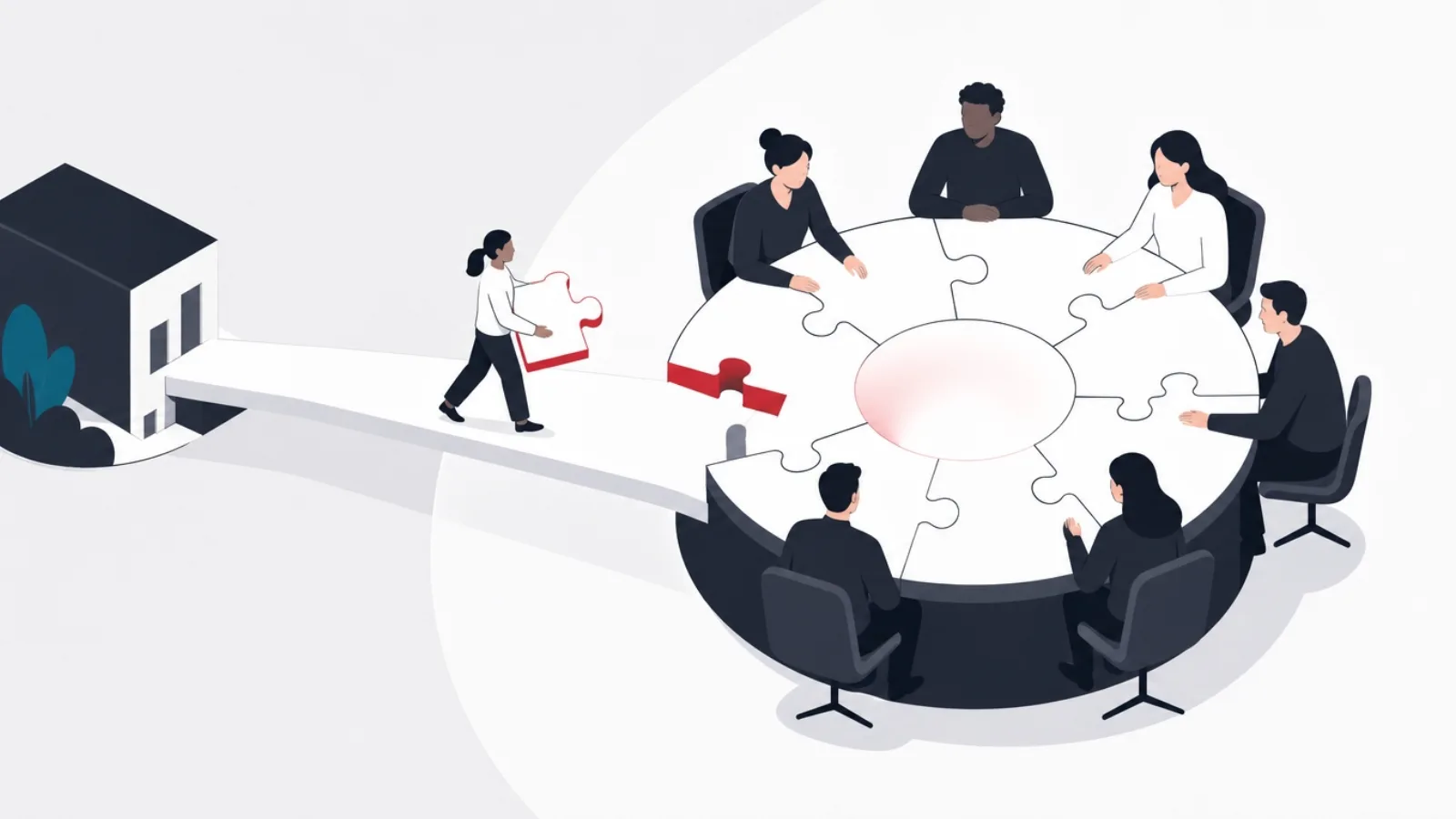 A team circle around a worktable with one gap being filled by a new figure arriving along a bridge from a partner building