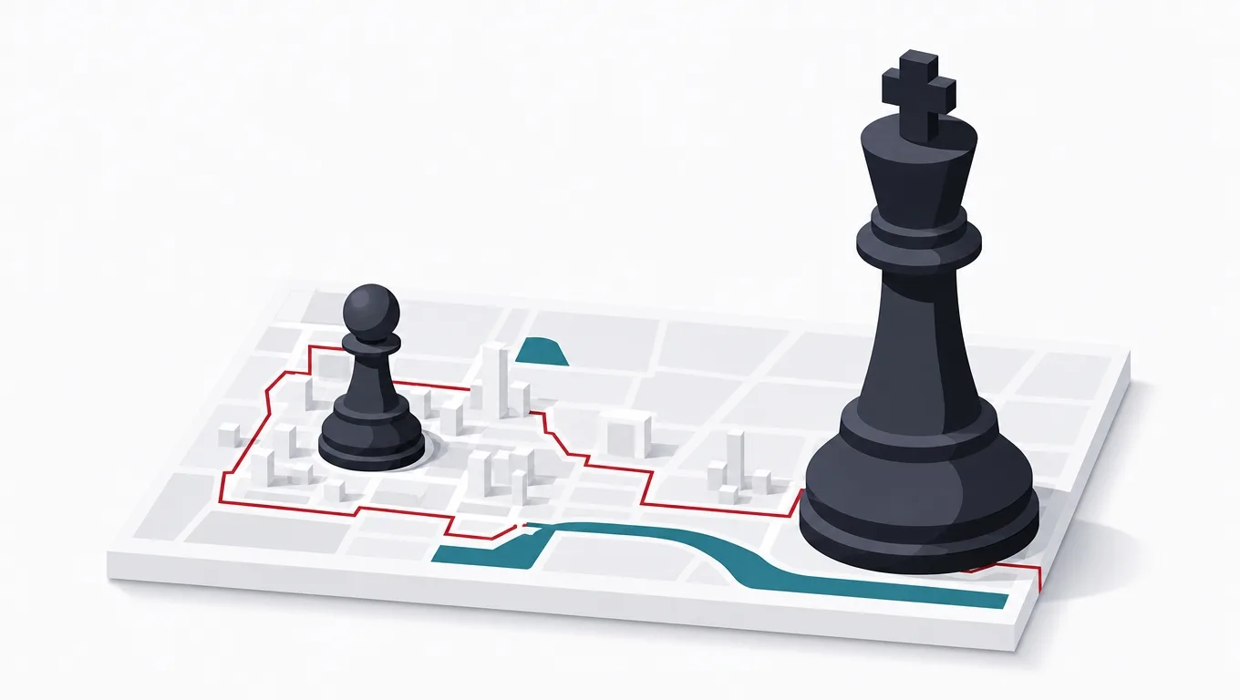 A small locally carved chess piece fitting its city board perfectly beside a large imported piece that overhangs the squares
