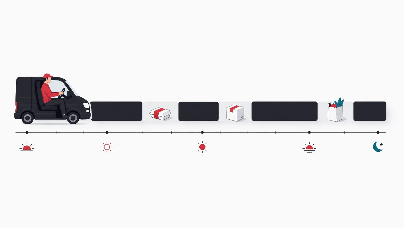 A driver's day timeline shown twice, once with long empty stretches and once filled by meals, parcels and groceries