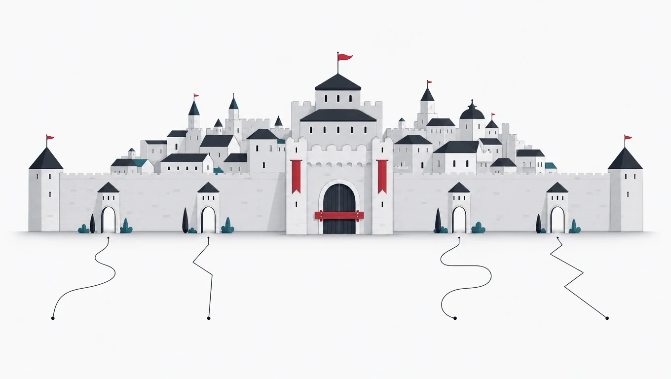 Four small open gates into a walled city while the grand center gate stands crowded and barred