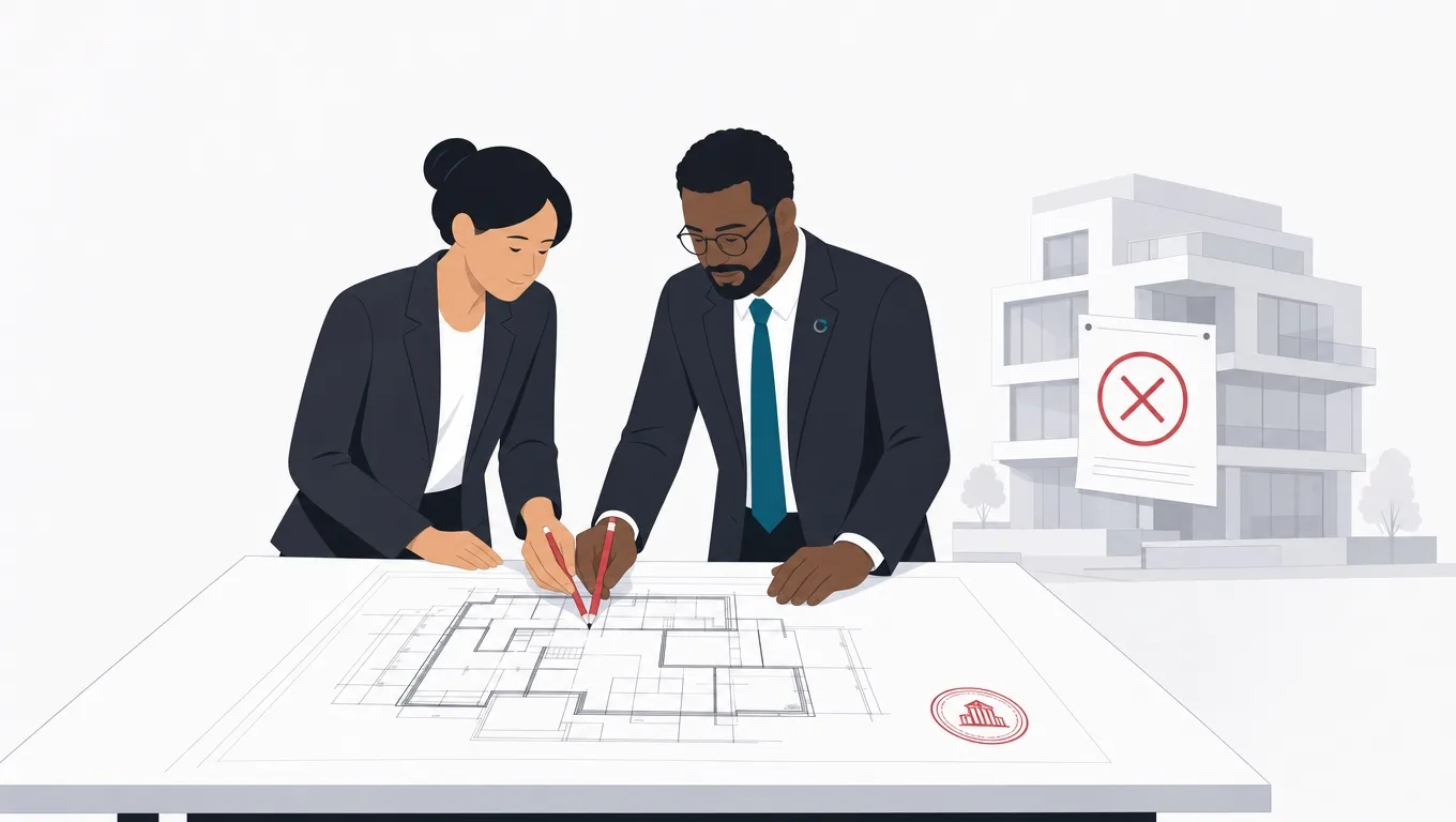 An architect and an official drawing one plan together with the approval stamp built into the design