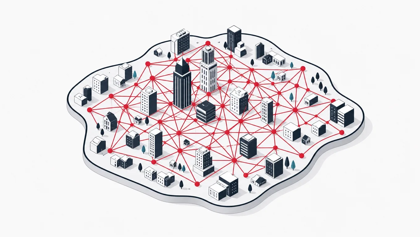 A city island filled with a dense red connection web that stops exactly at its boundary, a separate faint web on the next island