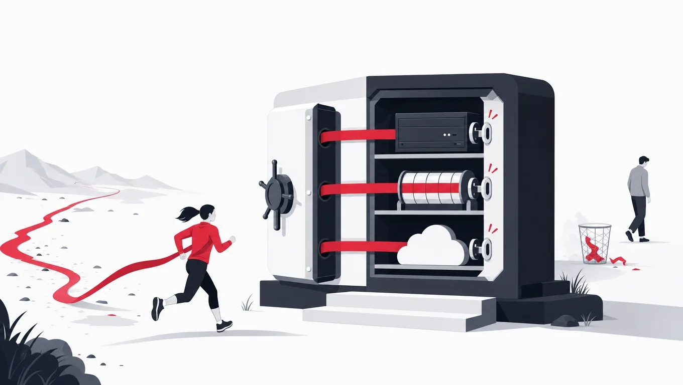 A finished run's ribbon written into three redundant vault compartments, a torn ribbon and departing runner faint beside