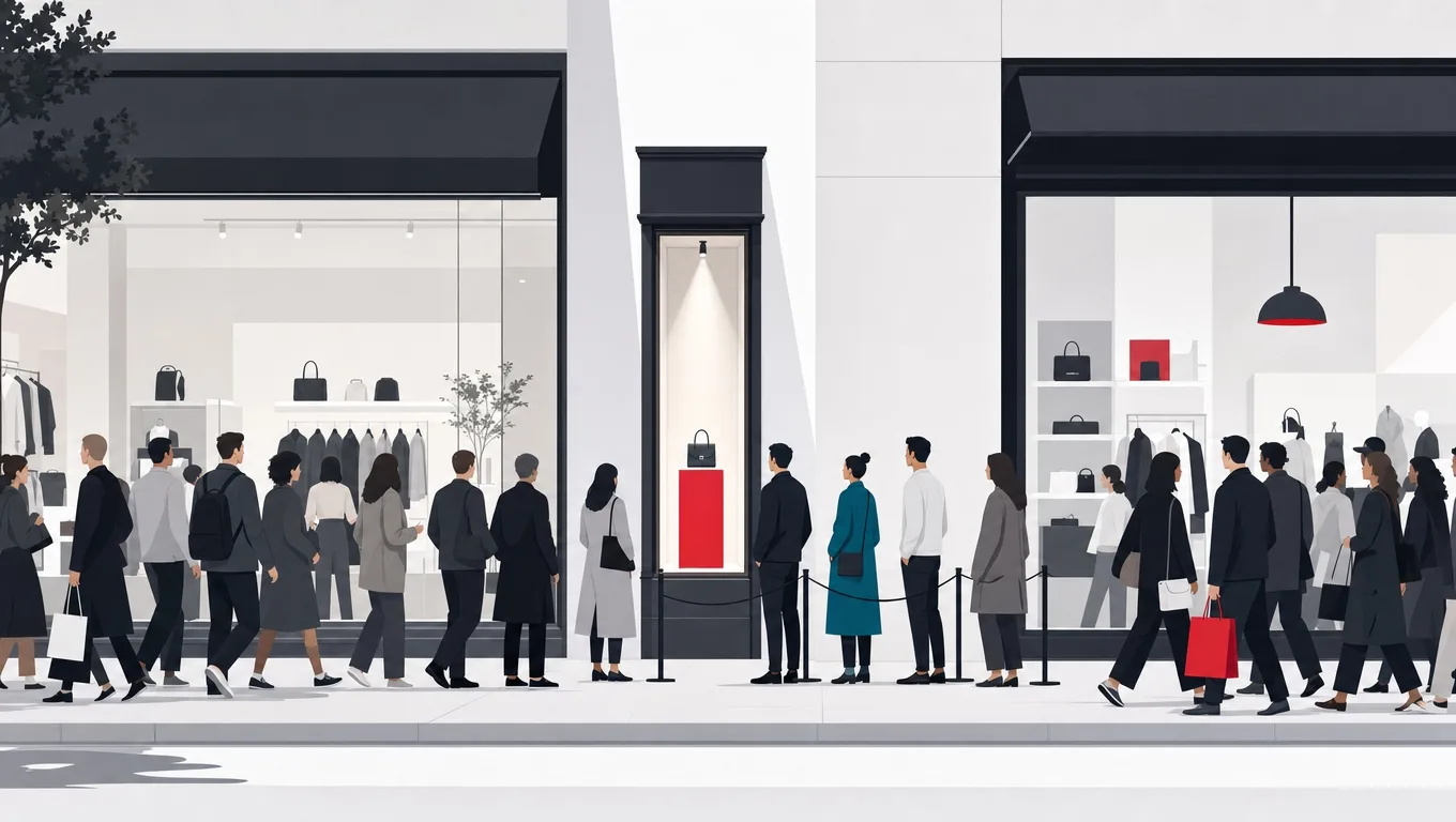 A small shop displaying one perfect item on a red stand between large crowded famous storefronts