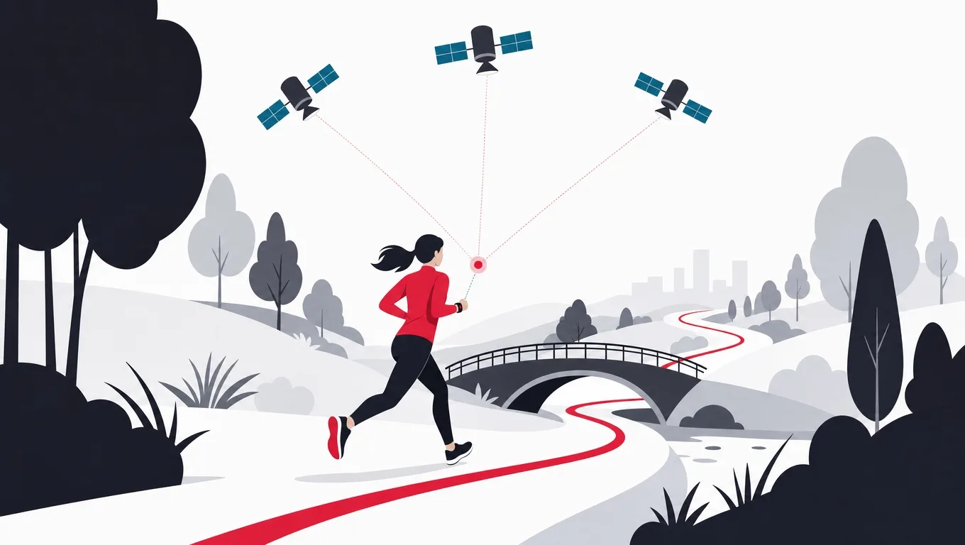 A runner trailing a smooth red route line while satellites and a wrist device track through trees and a bridge