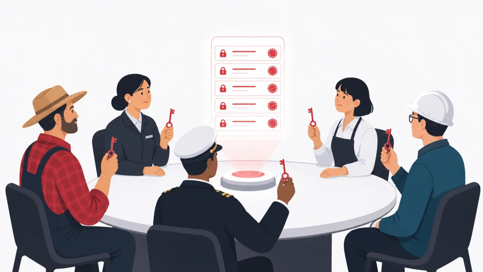 Five figures from different supply chain roles around a table sharing one glowing sealed ledger, each holding a key