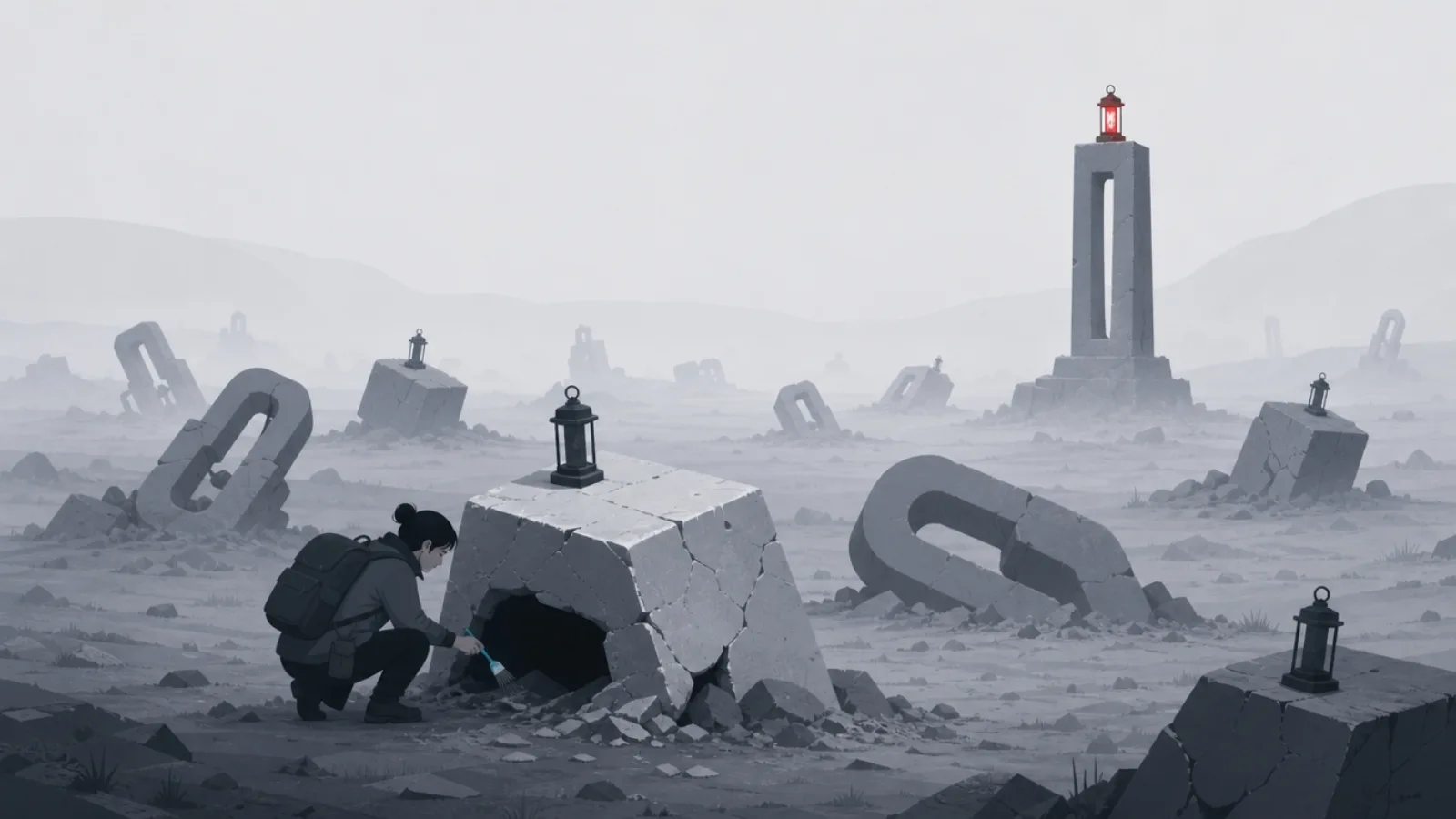 A foggy field of toppled chain-link monuments with dead lanterns, an archaeologist examining a hollow foundation, one still lit