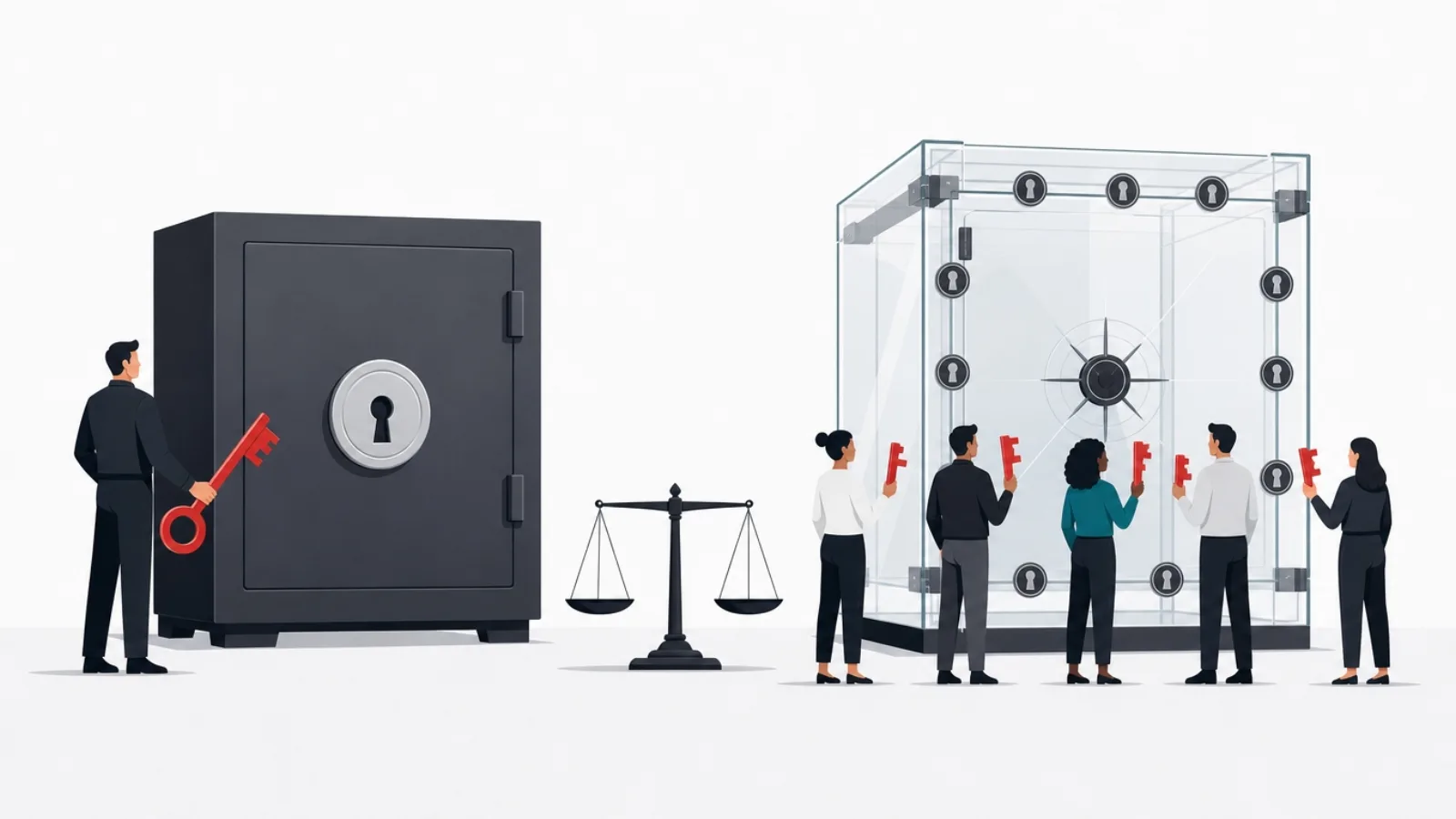 A steel vault with one guard and key beside a glass safe with many partial keys held by five figures, a level scale between