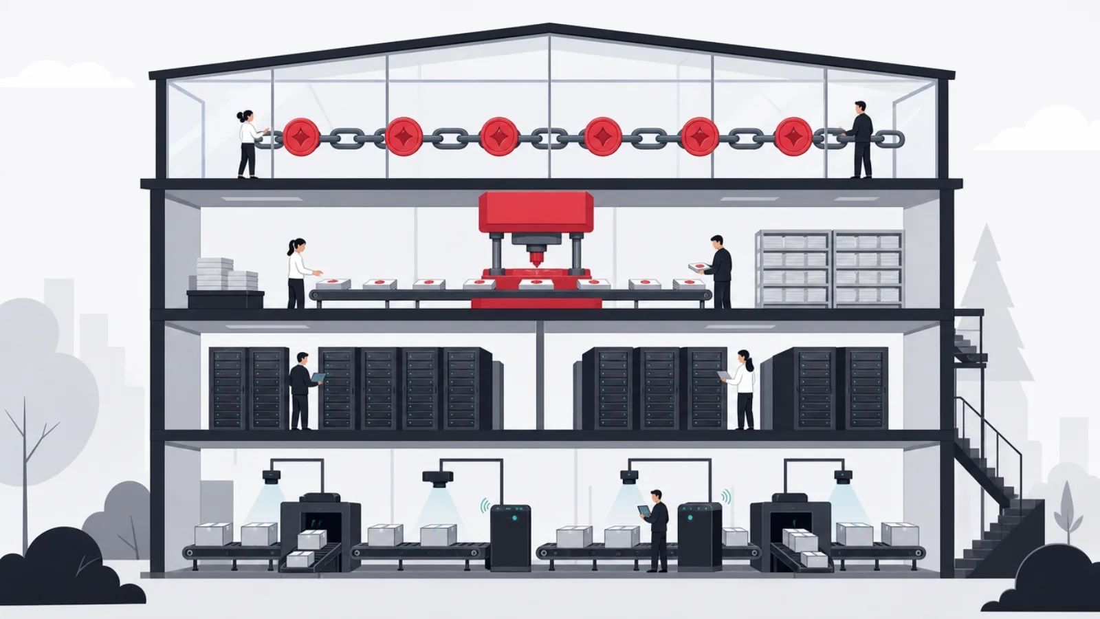 A four-story cutaway with sensor capture, database cabinets, a seal stamping floor, and a glass attic anchoring seals to a chain