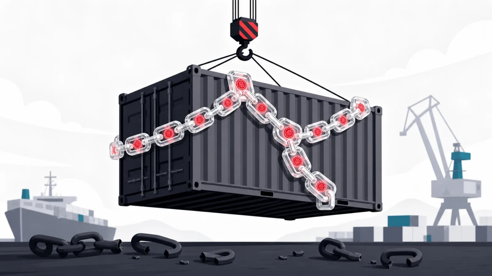 A crane-lifted shipping container wrapped in a chain of glass blocks with glowing seals, broken dull links on the dock below
