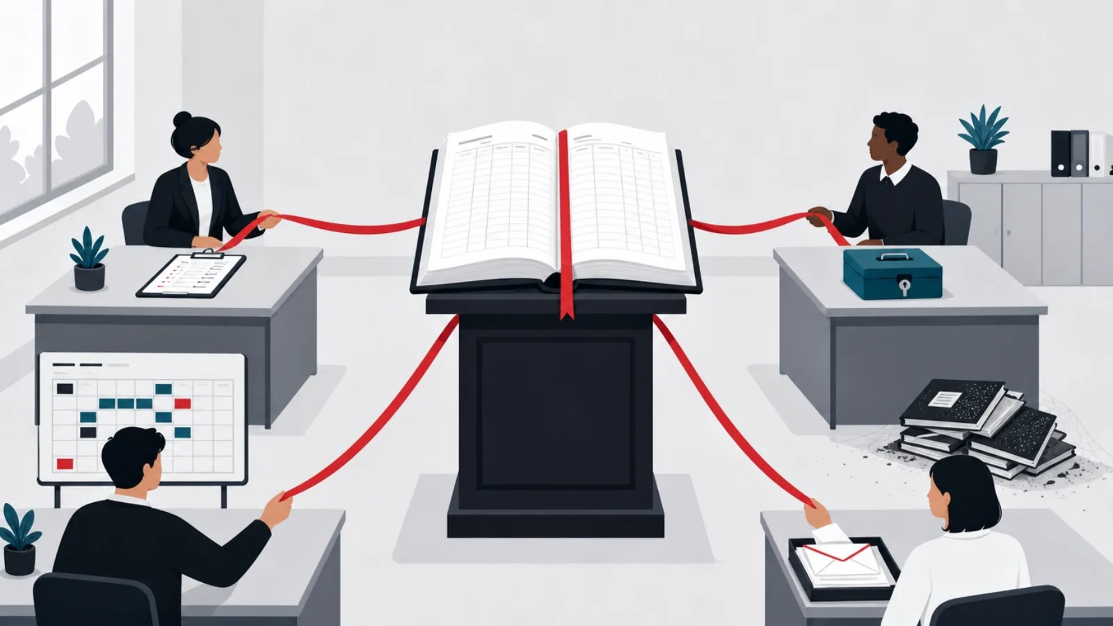 A great open ledger on a pedestal with ribbons extending to attendance, fee, timetable and letter desks, disconnected notebooks dusty in a corner