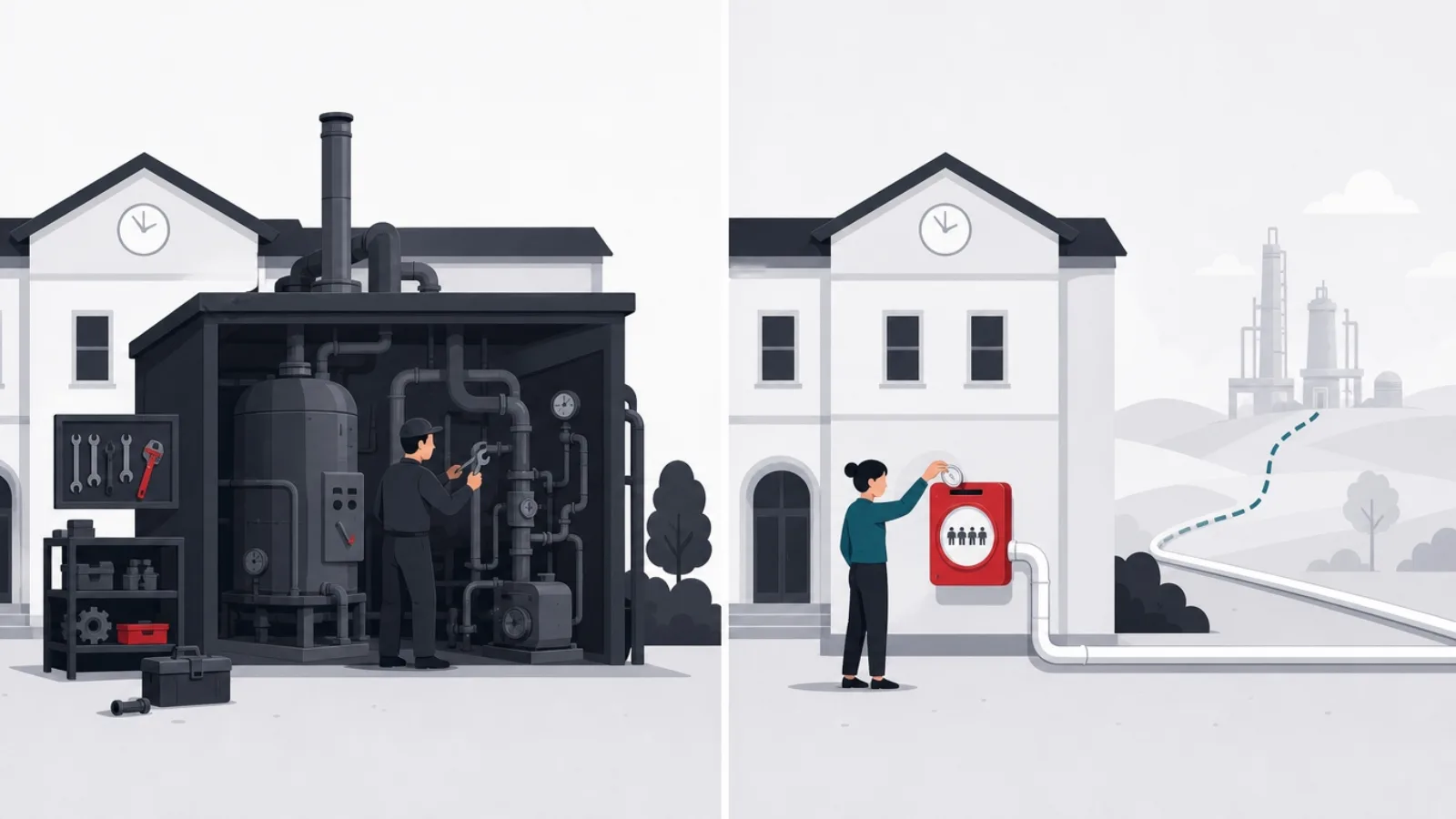 Two courtyards, one with a caretaker tending a private engine room of pipes and tools, one with a clean utility line and a coin meter on the wall