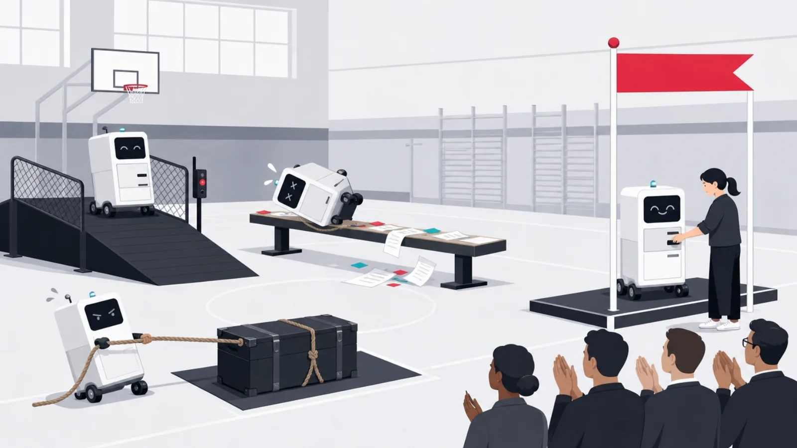 Robot cabinets on wheels attempting gym stations including a phone ramp, timetable balance beam, data-trunk tug-of-war and a clerk-operated station