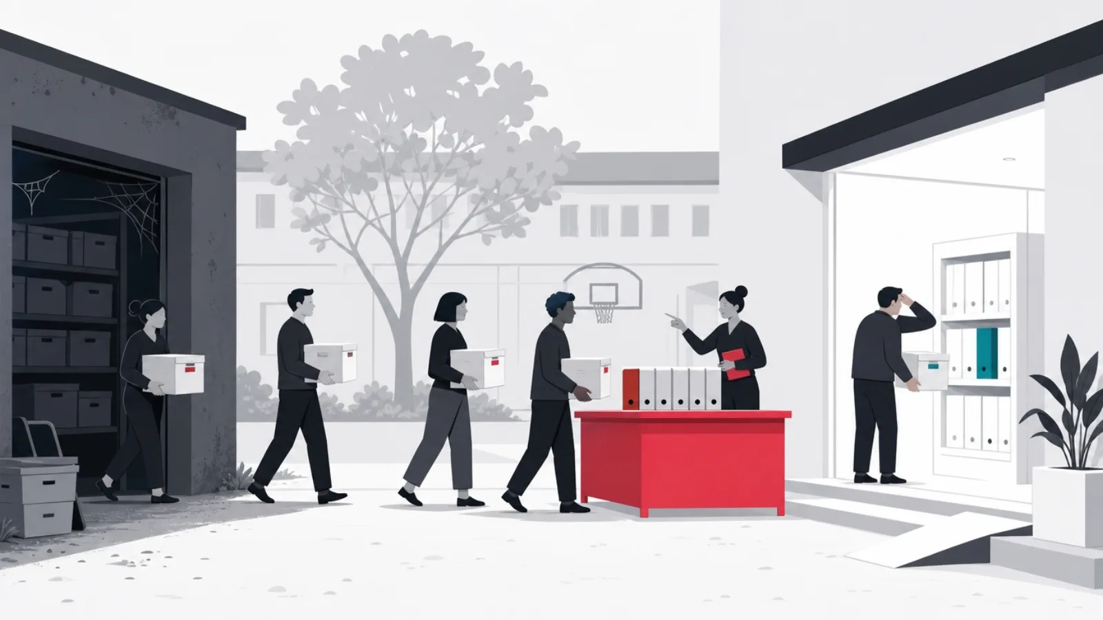Staff carrying record boxes across a courtyard where a trainer teaches shelving at a practice table before the new system doorway