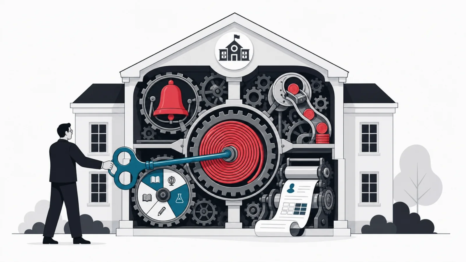 A cutaway school building running like a clock, with gear-driven bell, coin channel, timetable rotor and scroll press meshed to one mainspring