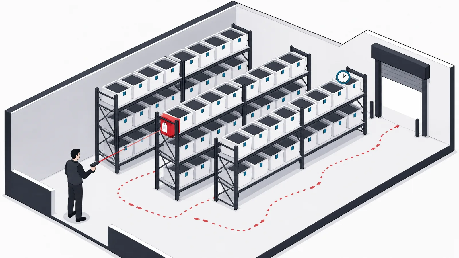 An isometric warehouse with racks of bins, a figure scanning one bin and a dotted pick route between racks, with a lot tag and a clock on bins
