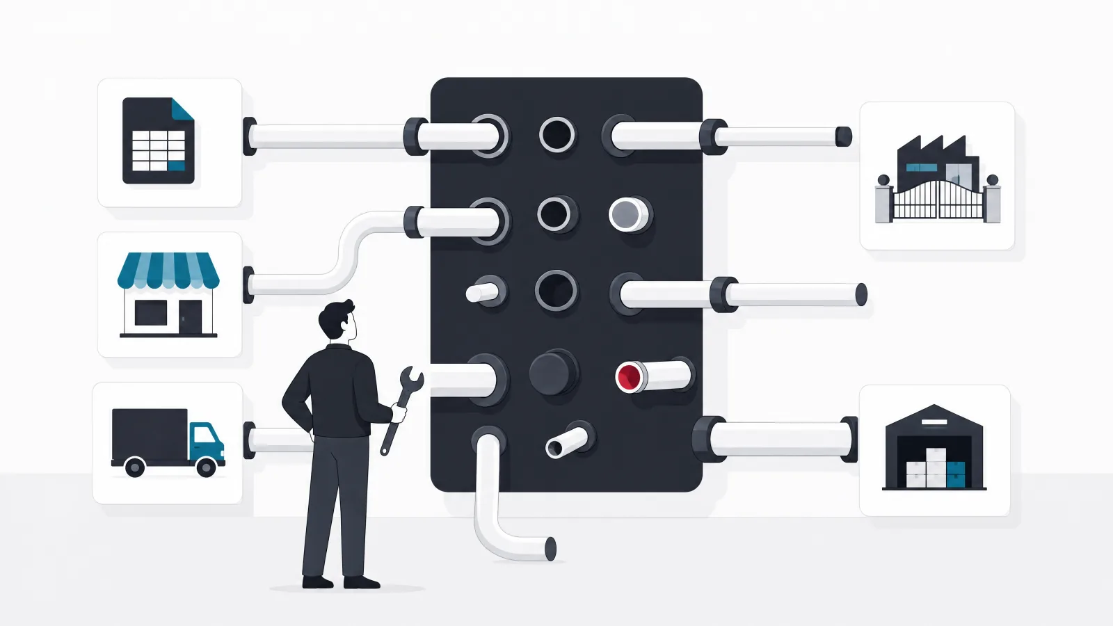 A central system block with a dozen pipes to surrounding systems, half neatly joined and half dangling or mismatched, watched by a figure with a wrench