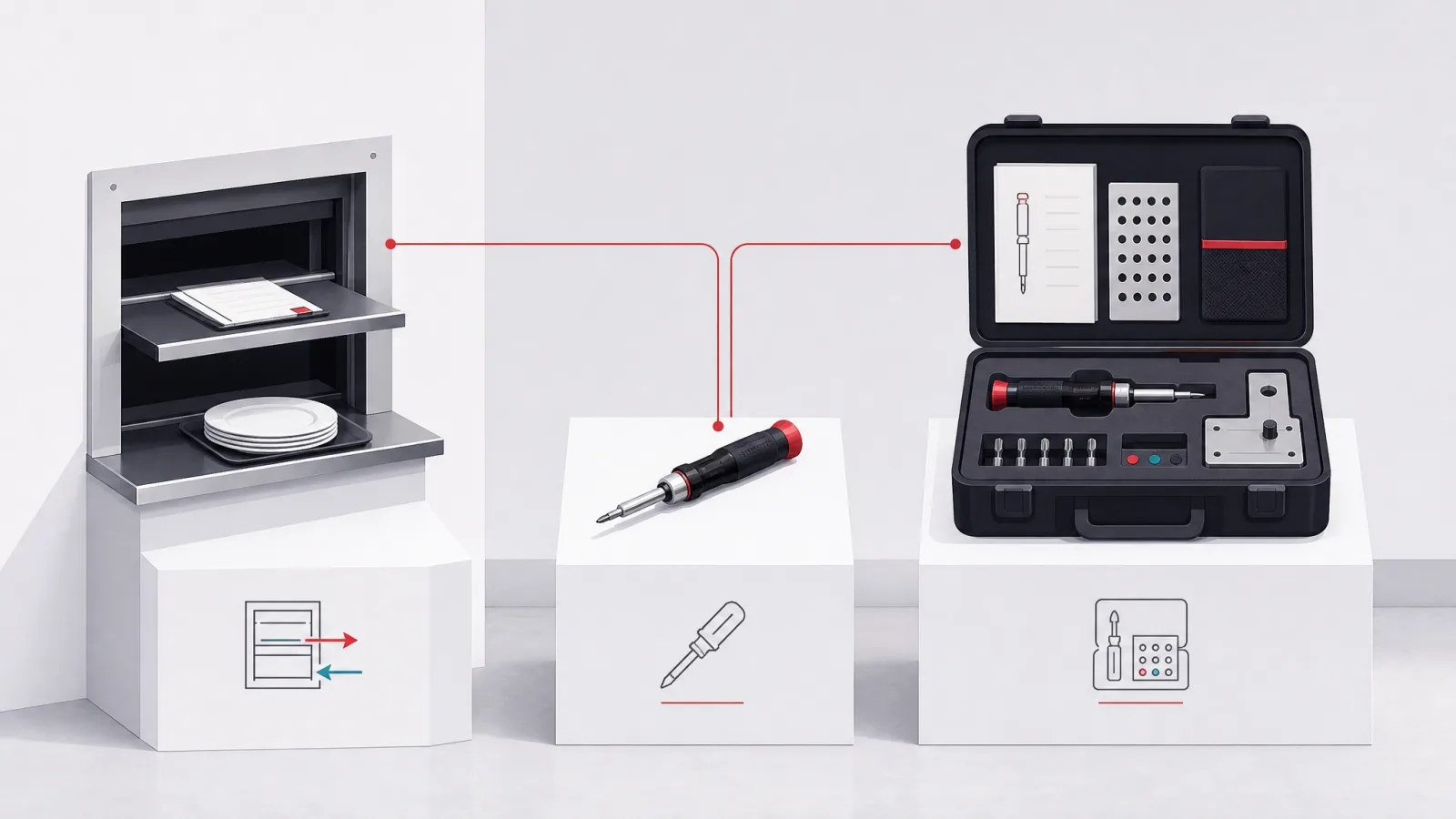 Three pedestals holding a serving hatch, a single tool, and a full fitted case, linked by thin red lines