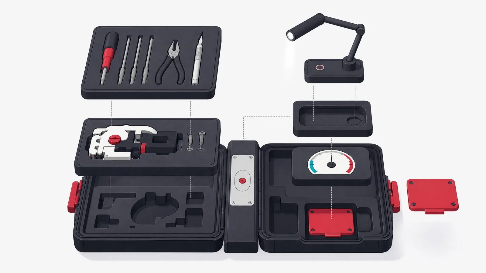 An exploded view of a toolkit's compartments showing tools, a worked example, diagnostics lamp, version plate and a red service hatch