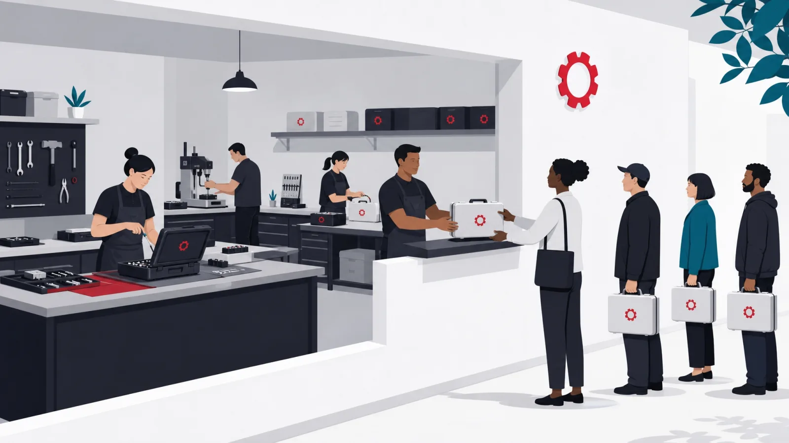 A workshop assembling copies of its own tools into red-marked cases handed to waiting partner figures at a counter